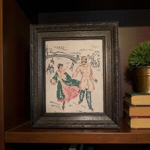Framed Vintage Victorian Skating Winter Cross-Stitch Art